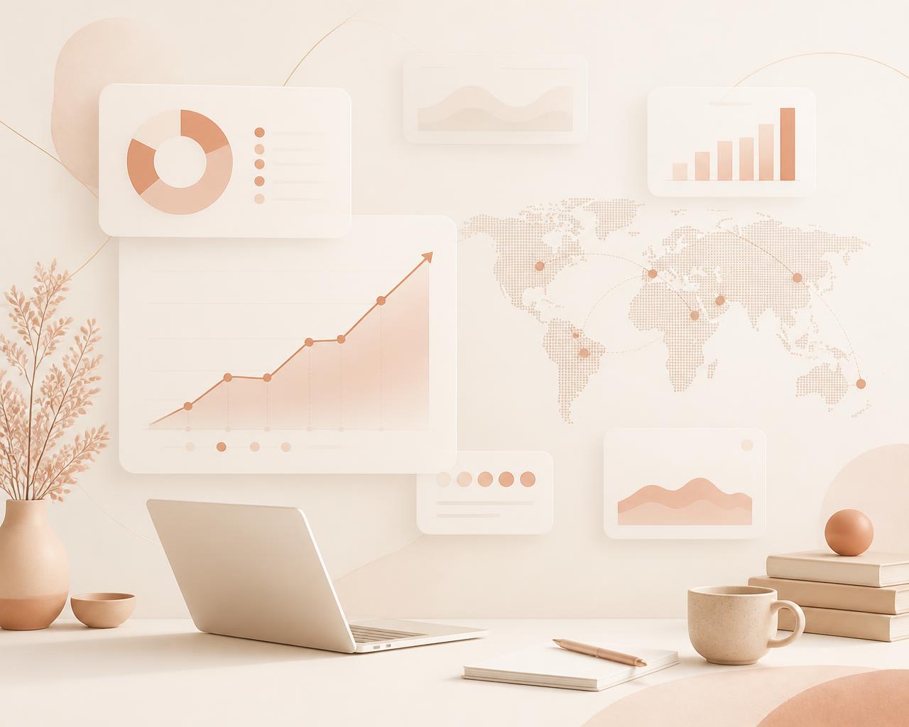 Soft illustration of revenue growth charts and a global lead coverage map from the Tushar Personal workspace